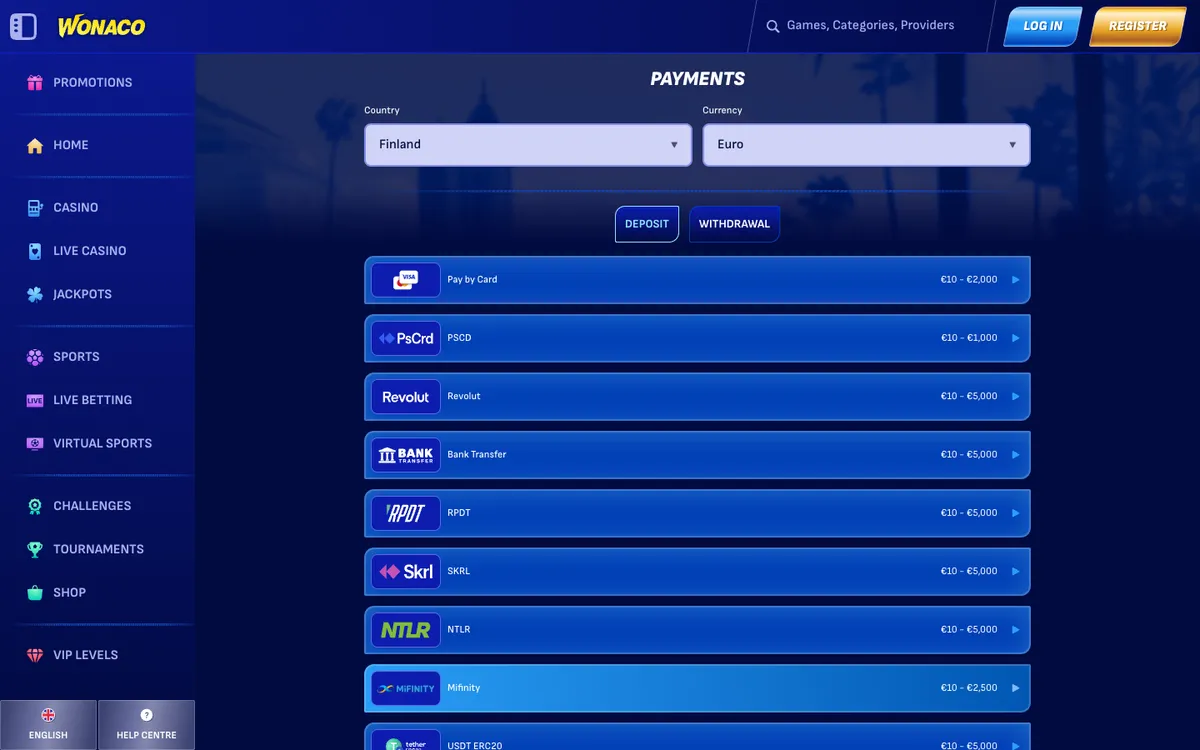 Wonaco Casino — «Платежи», снято из страны Финляндия