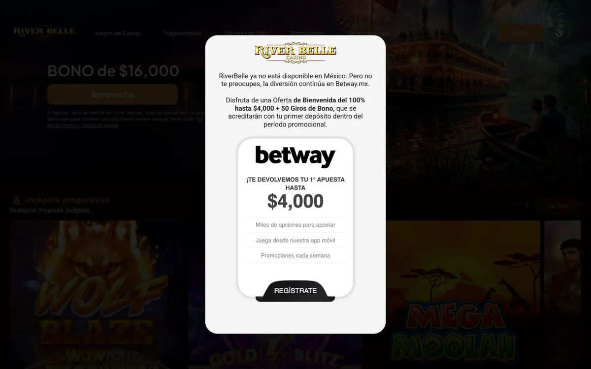 River Belle Casino — Home page, captured from Mexico