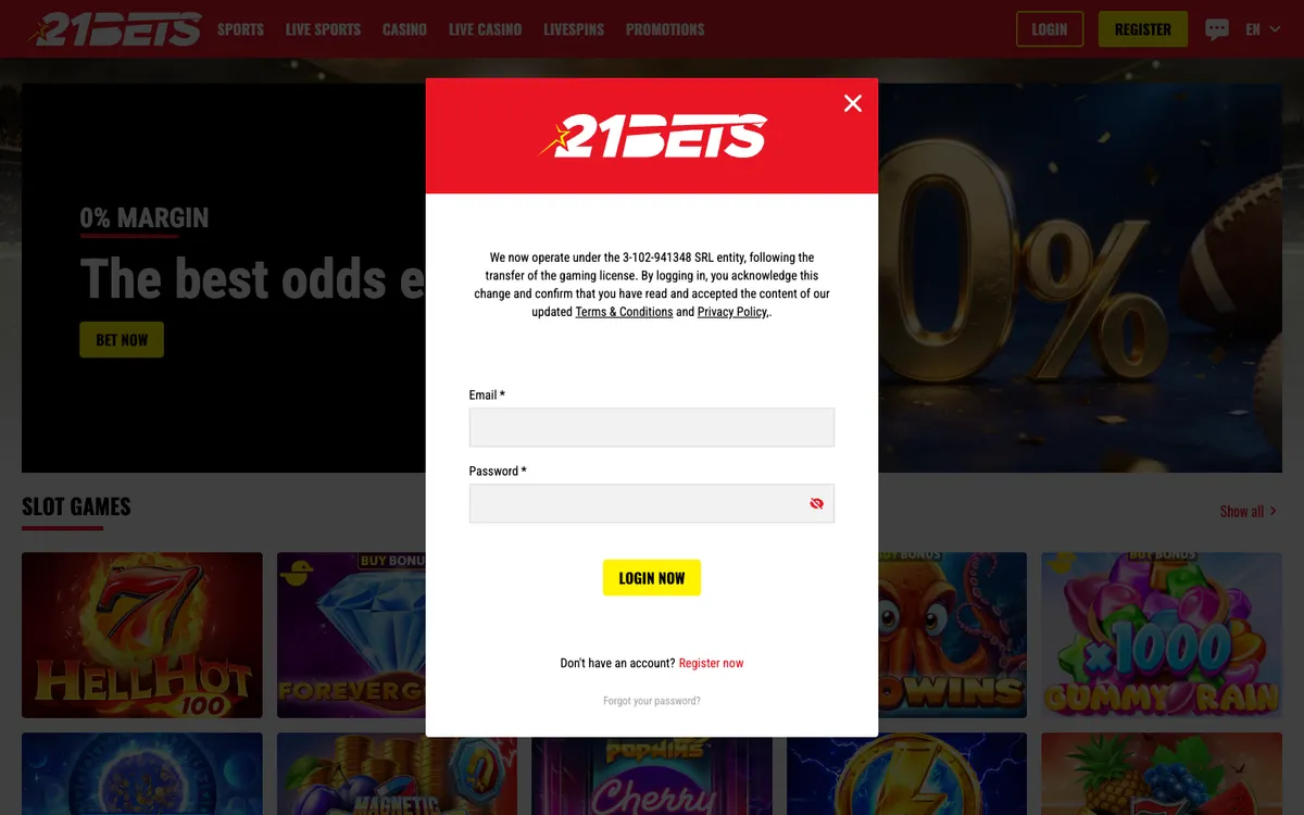 21bets.io Casino — Sign-up, captured from Austria