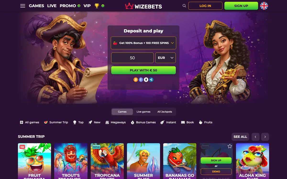 Wizebets Casino — Home page, captured from South Africa