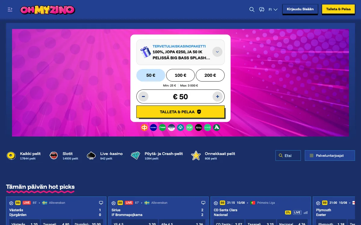 OhMyZino Casino — Home page, captured from Finland