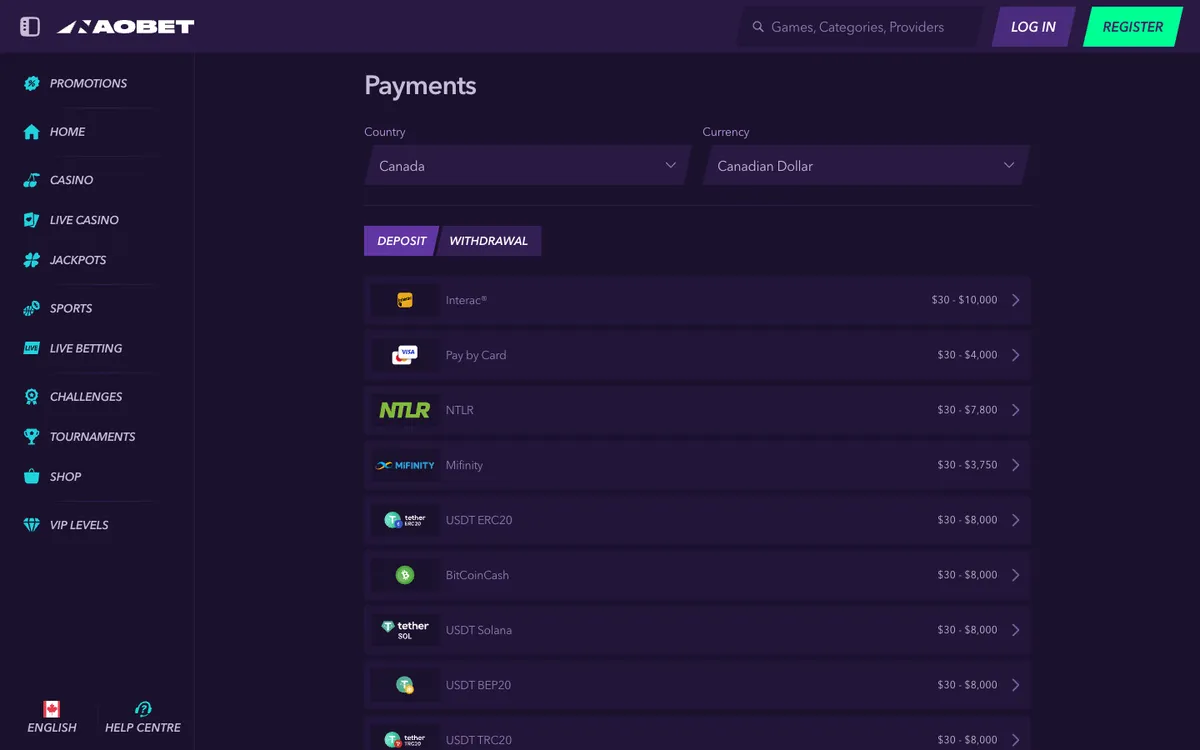 NaoBet Casino — «Платежи», снято из страны Канада