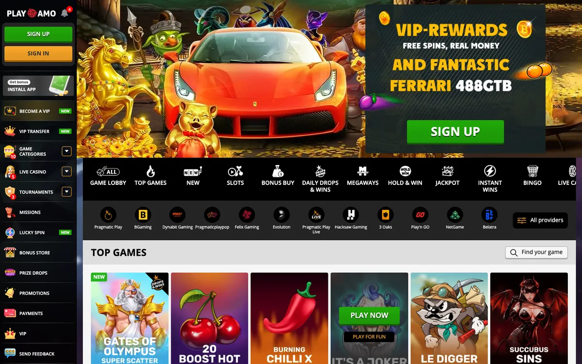 Playamo Casino — «Главная», снято из страны Новая Зеландия