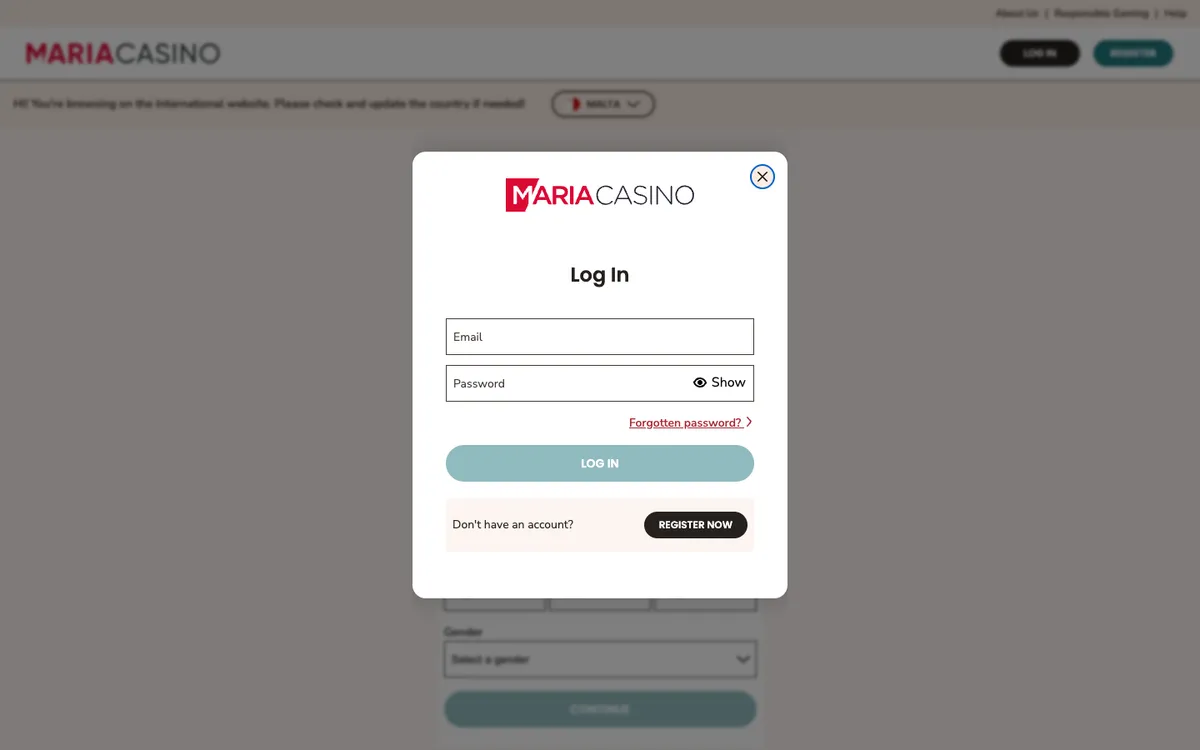 Maria Casino — Sign-up, captured from Austria