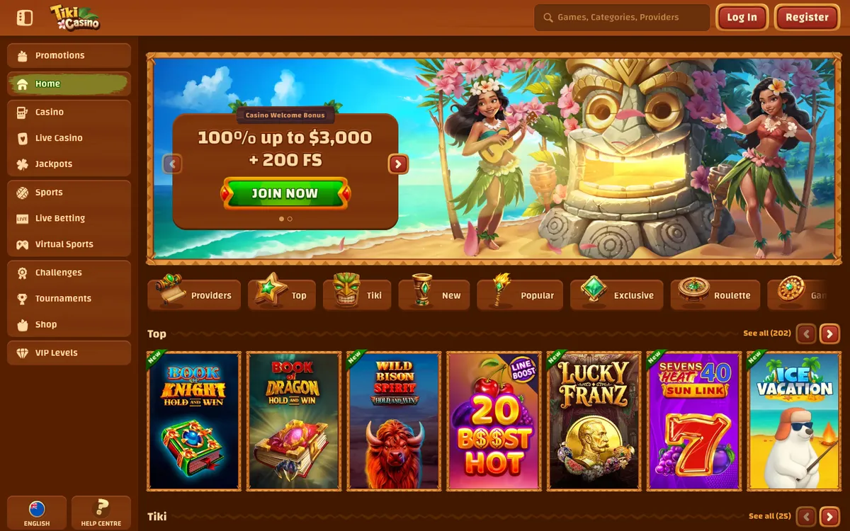 Tiki Casino — Home page, captured from New Zealand