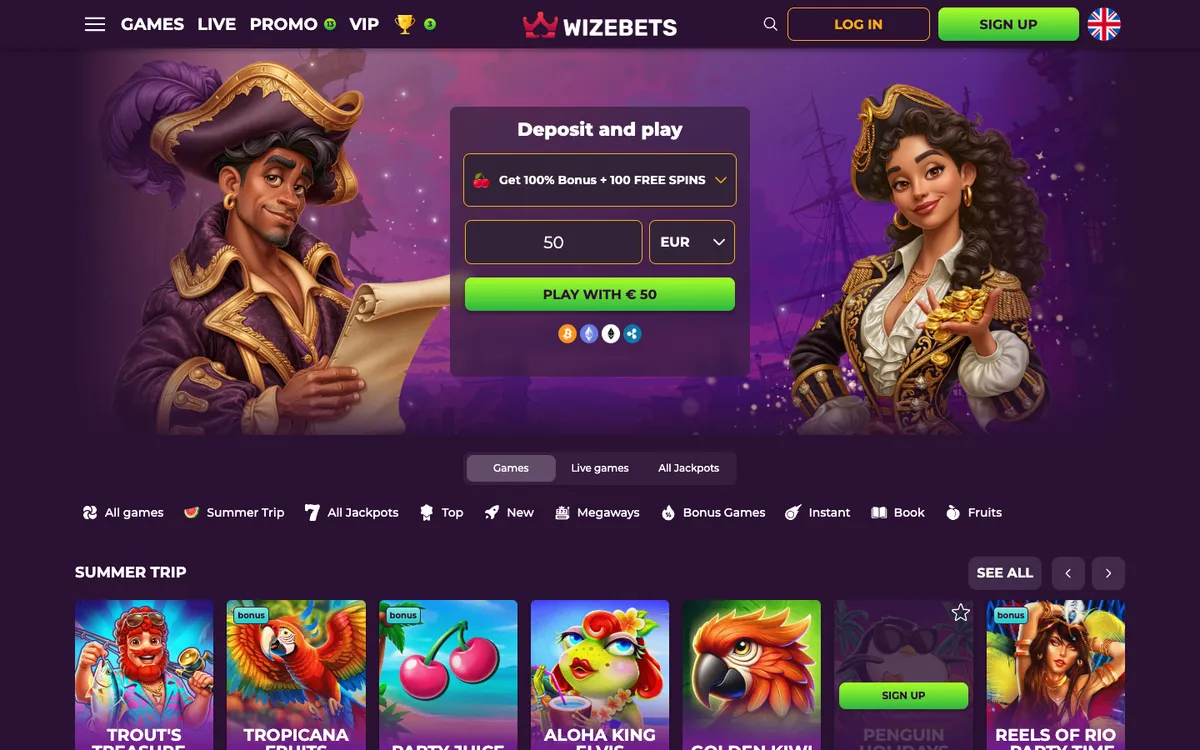 Wizebets Casino — Home page, captured from Canada