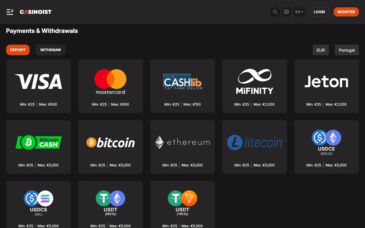 Casinoist Casino — Payments, captured from Portugal