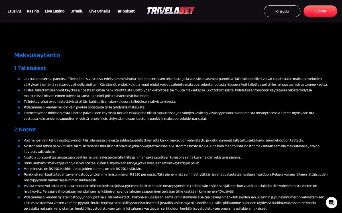 TrivelaBet Casino — Payments, captured from Finland