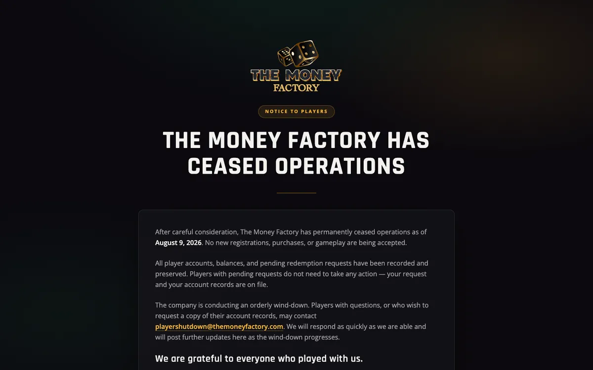 The Money Factory Casino — Home page, captured from United States