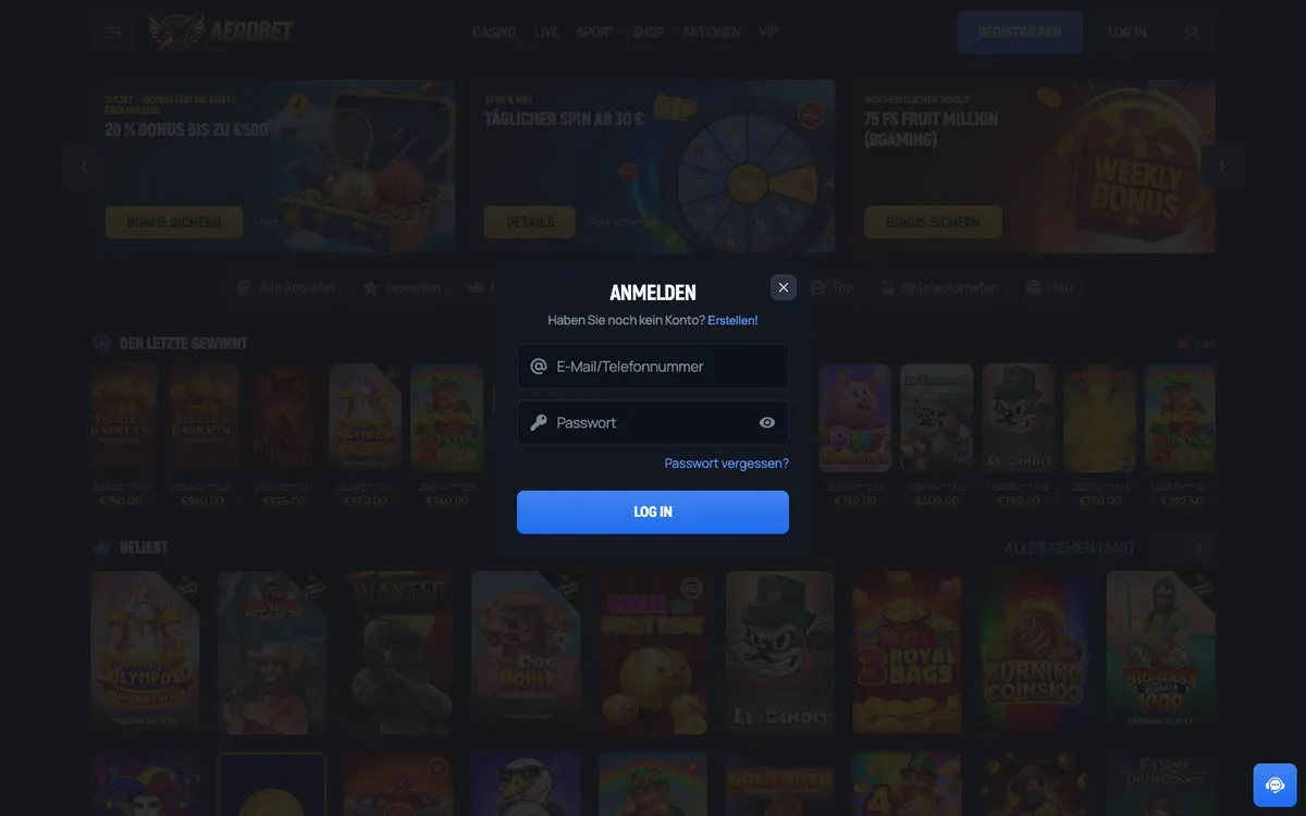 Aerobet Casino — Sign-up, captured from Switzerland