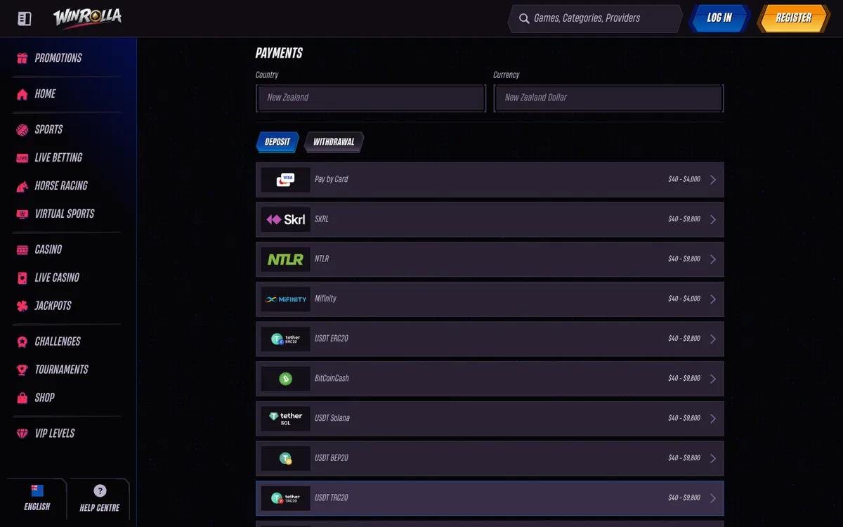 Win Rolla Casino — Payments, captured from New Zealand