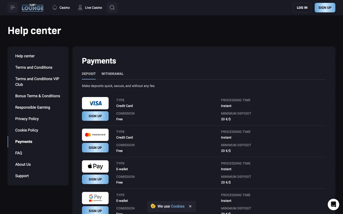 SlotLounge Casino — Payments, captured from Australia