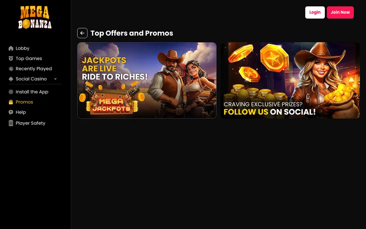Mega Bonanza Social Casino — Promotions, captured from United States