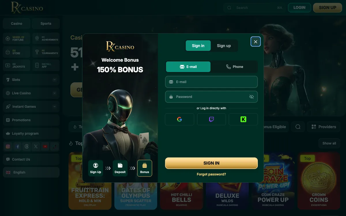 RX Casino — Sign-up, captured from Austria