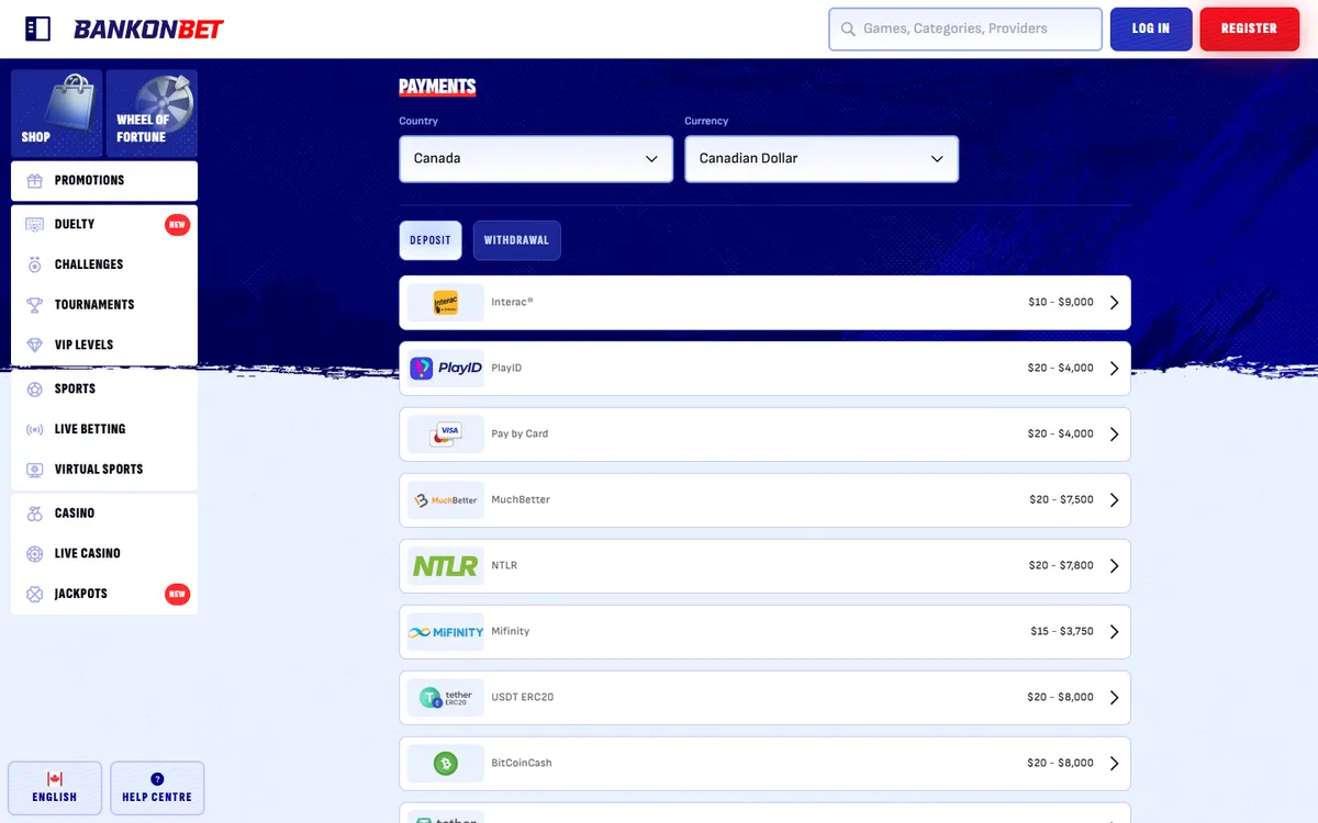 Bankonbet Casino — Payments, captured from Canada