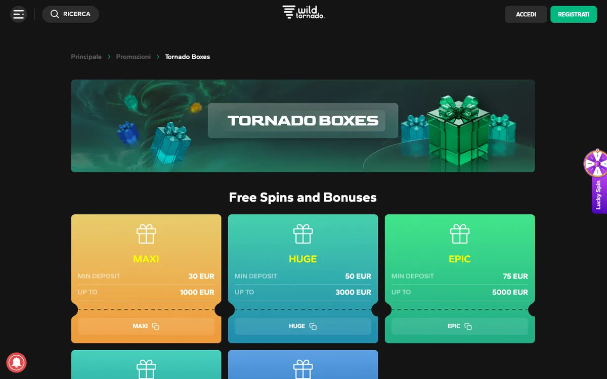 Wild Tornado Casino — «Акции», снято из страны Италия