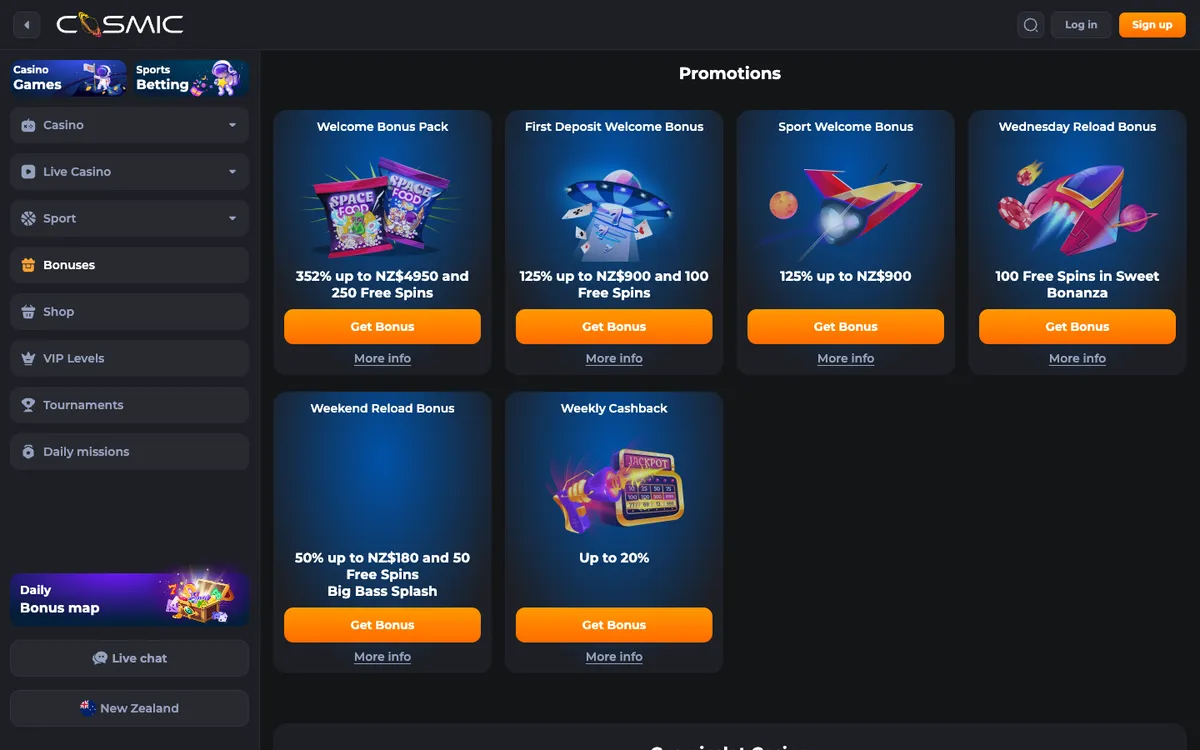 CosmicSlot Casino — Promotions, captured from New Zealand