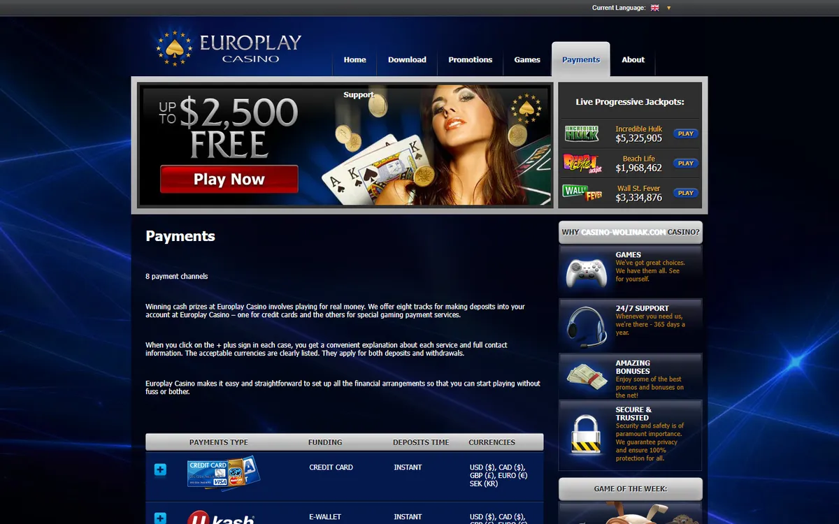 Euro Play Casino — Payments, captured from Canada
