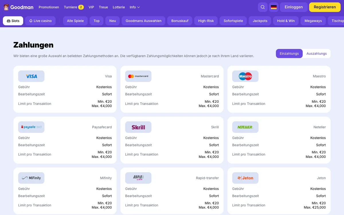 Goodman Casino — Payments, captured from Germany