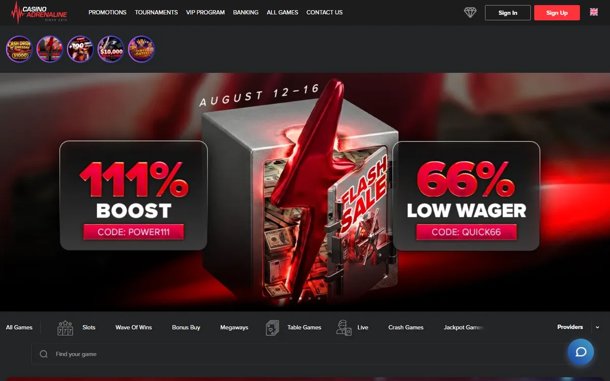 Casino Adrenaline — Home page, captured from Canada