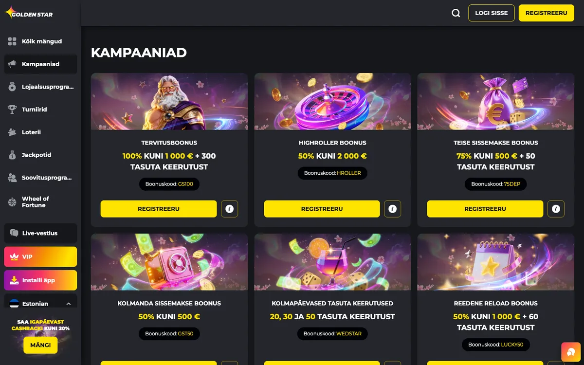 Golden Star Casino — «Акции», снято из страны Эстония