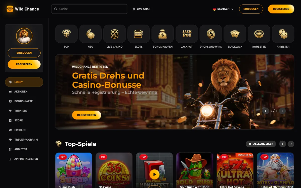 Wild Chance Casino — Home page, captured from Austria