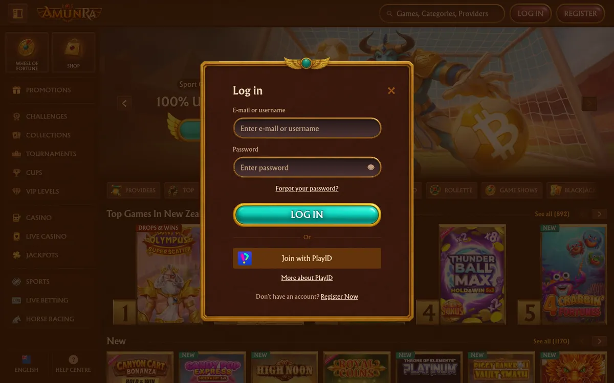 AmunRa Casino — «Регистрация», снято из страны Новая Зеландия