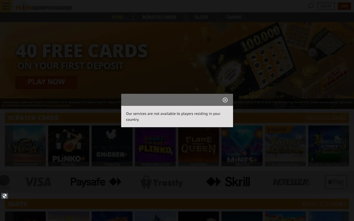 Prime Scratch Cards Casino — Sign-up, captured from Belgium