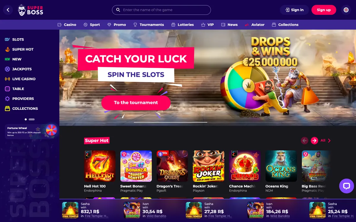 SuperBoss Casino — Home page, captured from Belgium