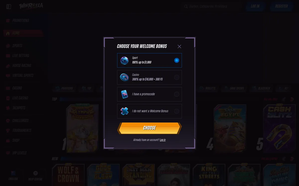 Win Rolla Casino — Sign-up, captured from New Zealand
