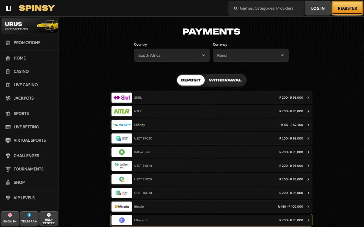 Spinsy Casino — «Платежи», снято из страны Южно-Африканская Республика