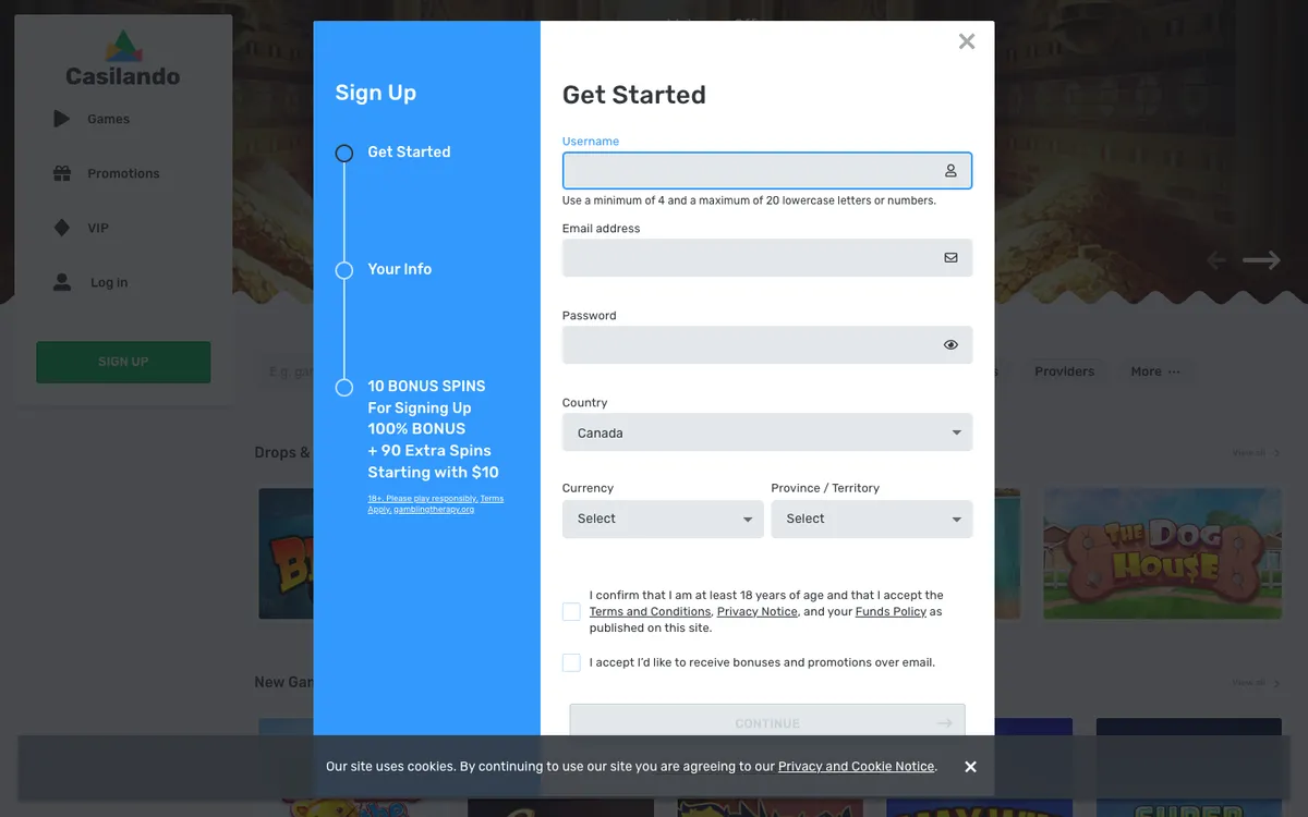Casilando Casino — Sign-up, captured from Canada