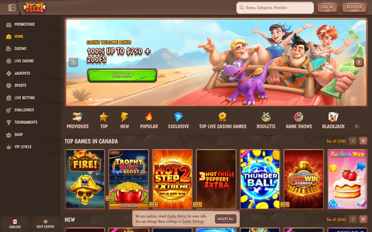 StoneVegas Casino — Home page, captured from Canada