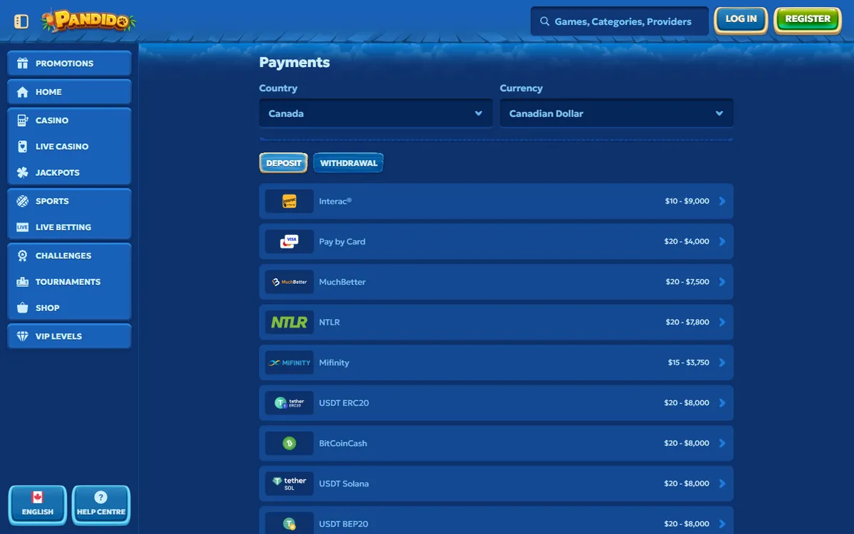 Pandido Casino — Payments, captured from Canada