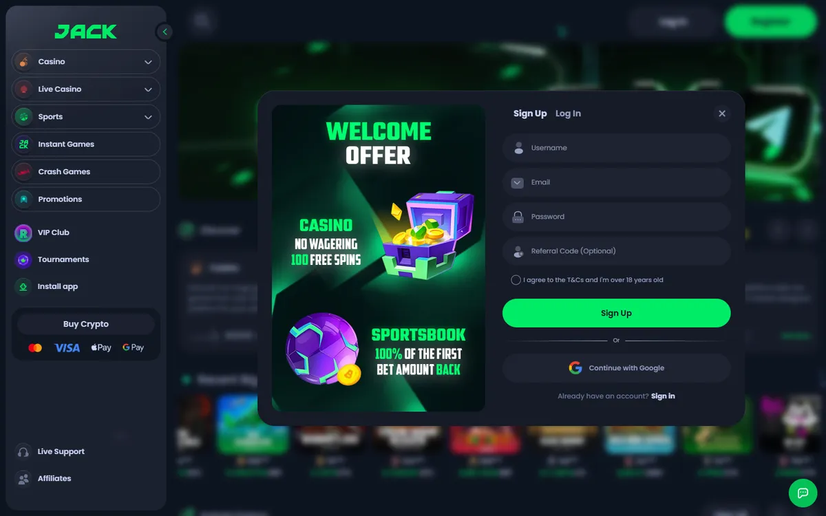 Jack.com Casino — Sign-up, captured from Canada