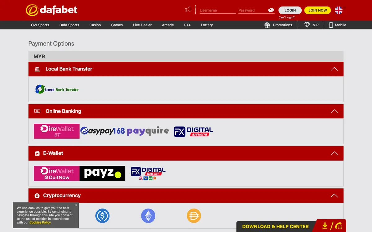 Dafabet Casino — Payments, captured from Austria