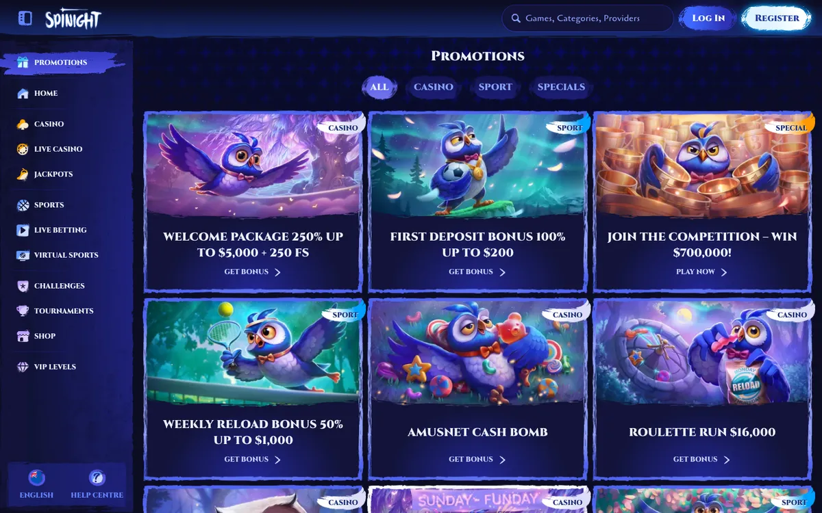 Spinight Casino — «Акции», снято из страны Новая Зеландия