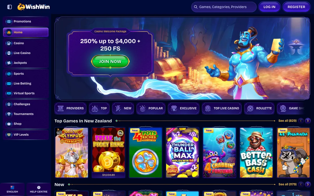 WishWin Casino — «Главная», снято из страны Новая Зеландия