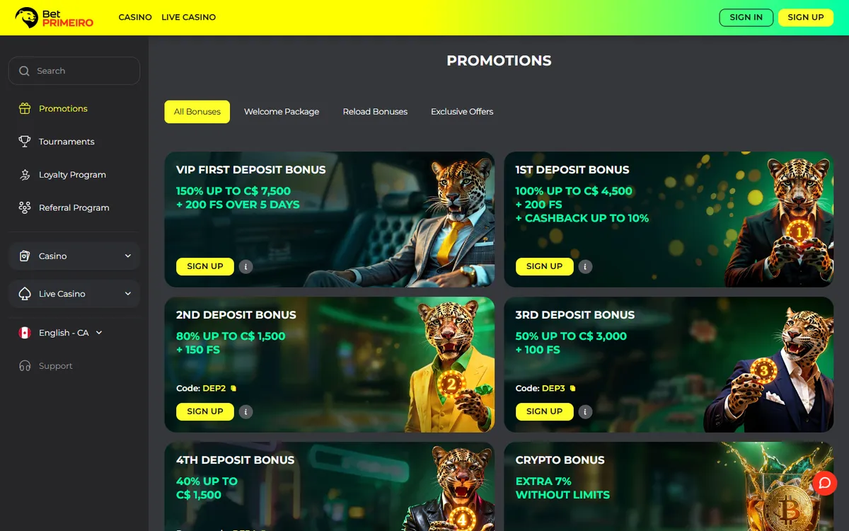 BetPRIMEIRO Casino — Promotions, captured from Canada