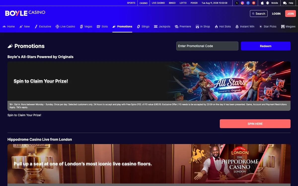 Boyle Casino — Promotions, captured from United Kingdom