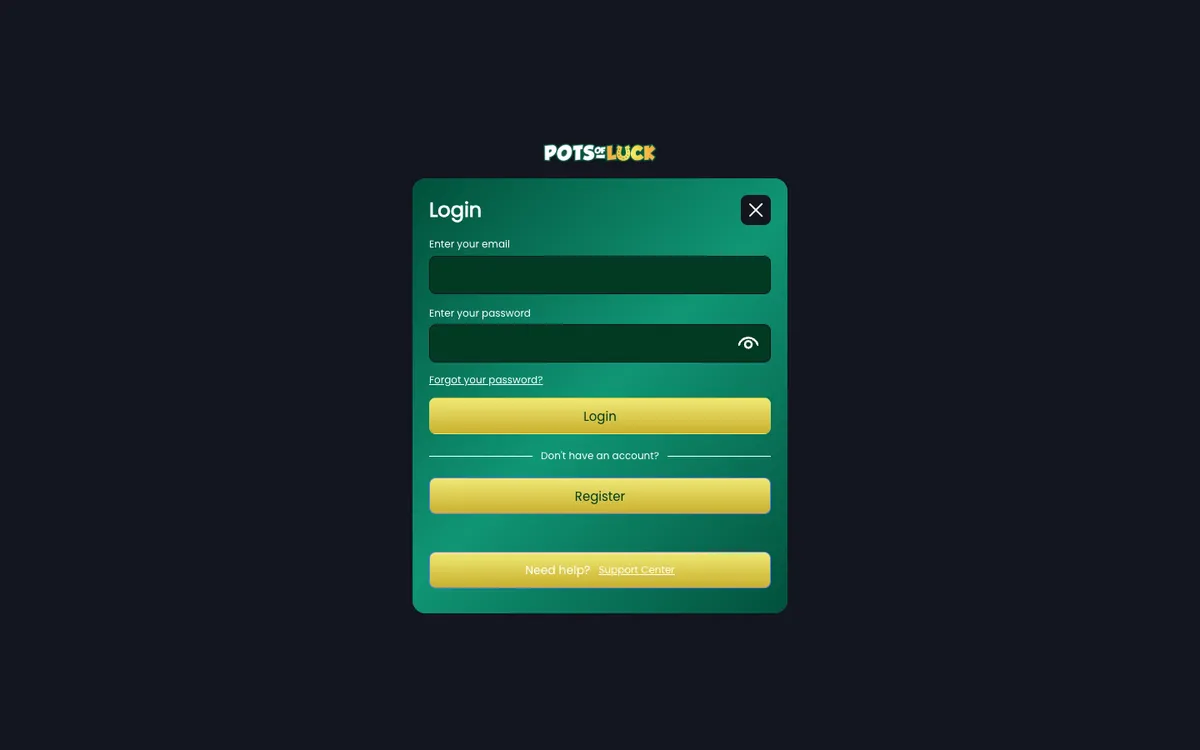 PotsOfLuck Casino — «Регистрация», снято из страны Великобритания