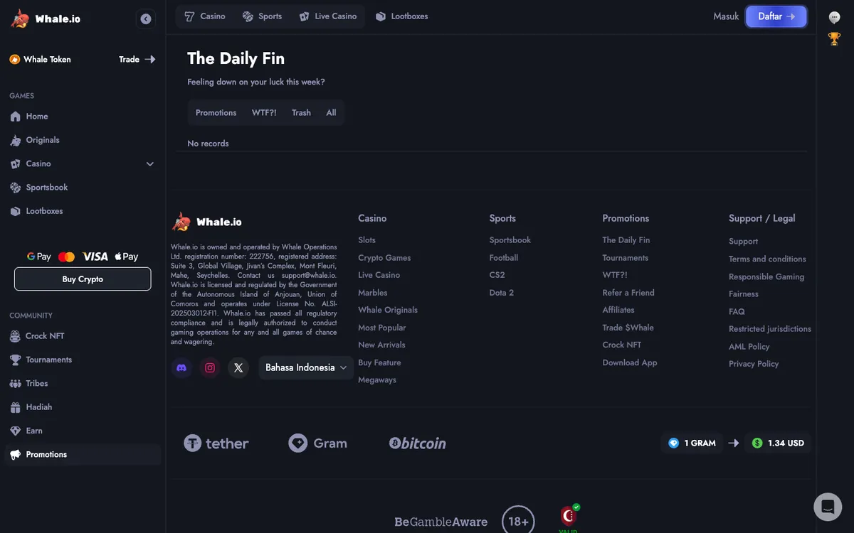 Whale Casino — Promotions, captured from Indonesia