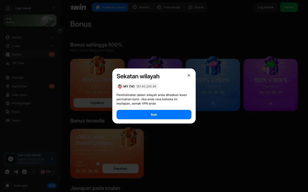 1win Casino — Promotions, captured from Malaysia