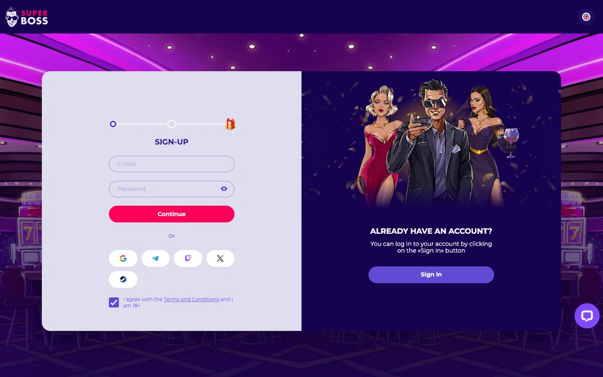 SuperBoss Casino — «Регистрация», снято из страны Колумбия