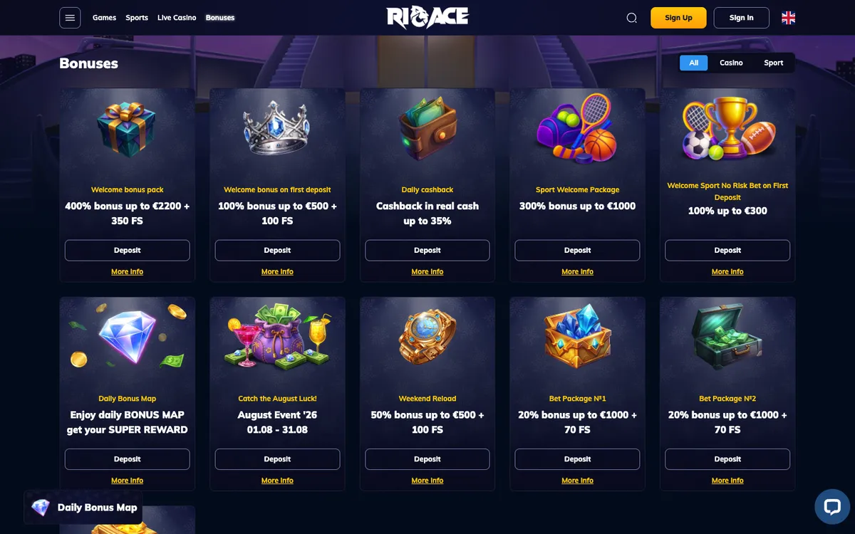 RioAce Casino — Promotions, captured from Belgium