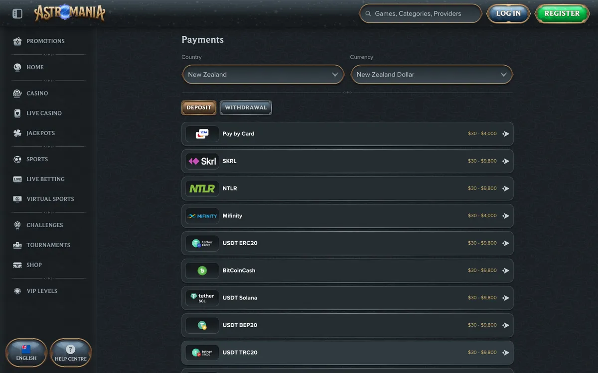 AstroMania Casino — Payments, captured from New Zealand