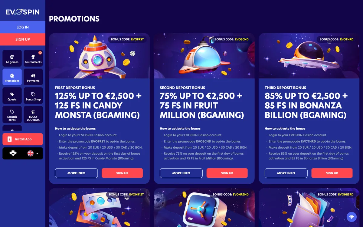 Evospin Casino — Promotions, captured from United Arab Emirates