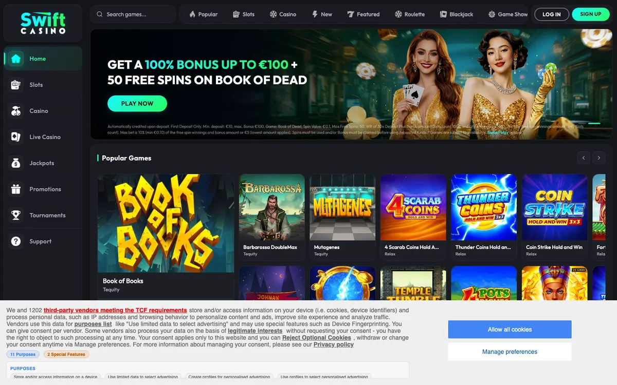 Swift Casino — Home page, captured from Australia