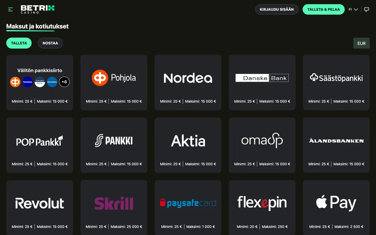 Betrix Casino — «Платежи», снято из страны Финляндия