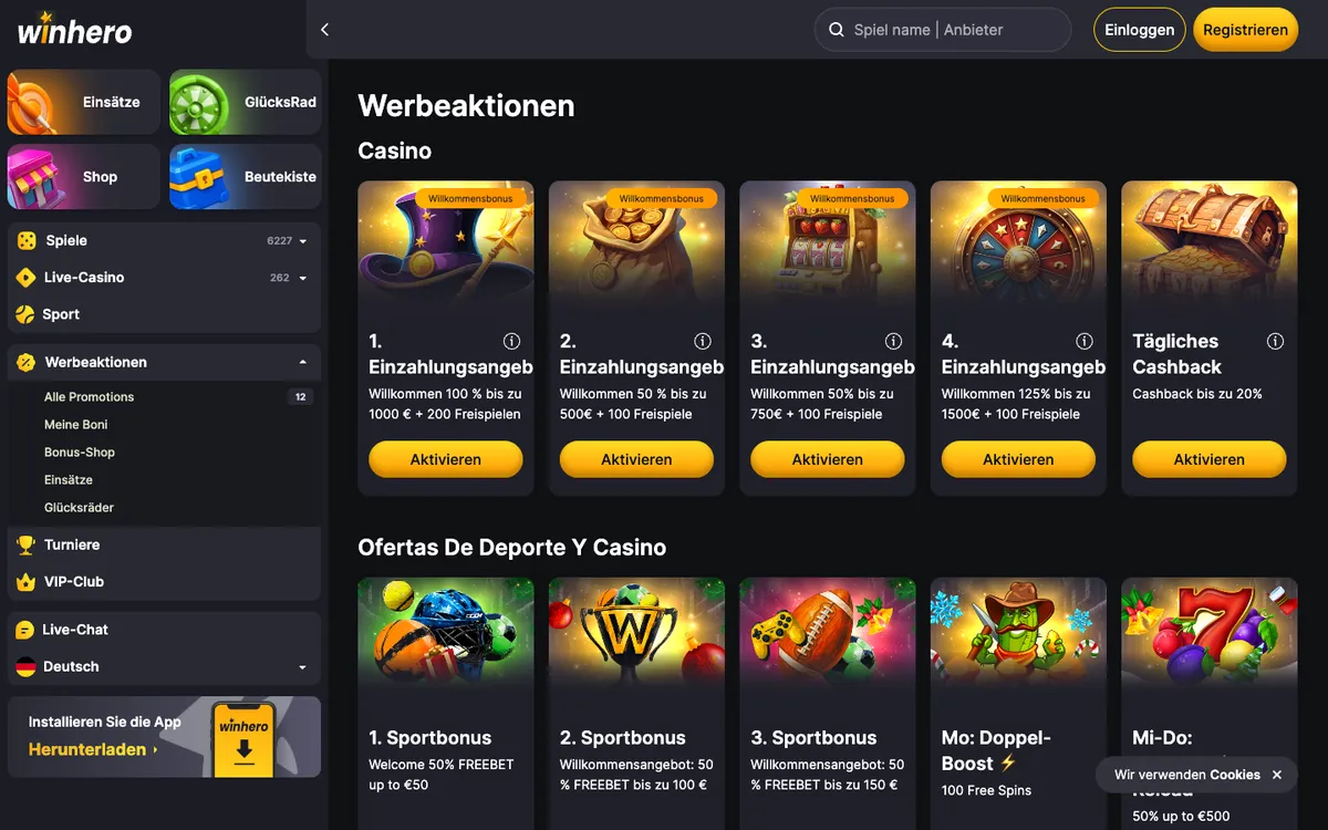 Winhero Casino — «Акции», снято из страны Германия